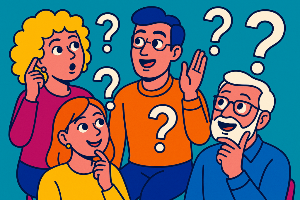 Illustration mit 4 Menschen, die sich Fragen stellen