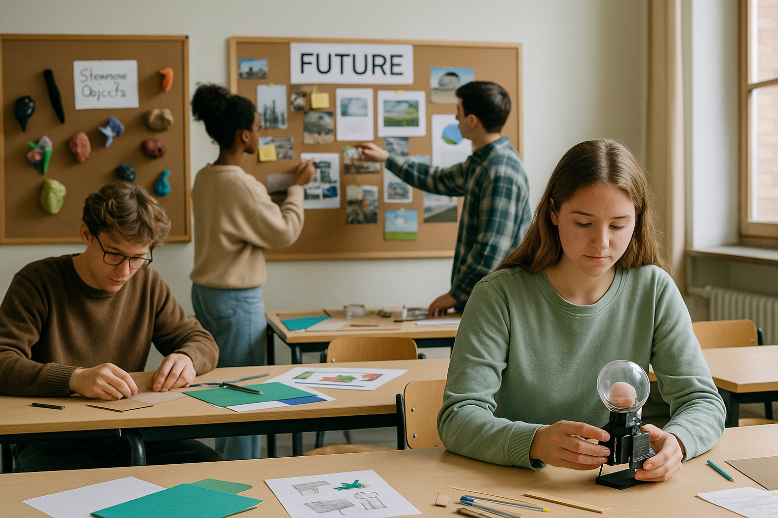 Ein Lernraum (z. B. Klassenzimmer oder Werkstatt), in dem sichtbar Zukünfte „gebaut“ werden – z. B. mit Moodboards, seltsamen Objekten, Schüler:innen, die an spekulativen Artefakten arbeiten.