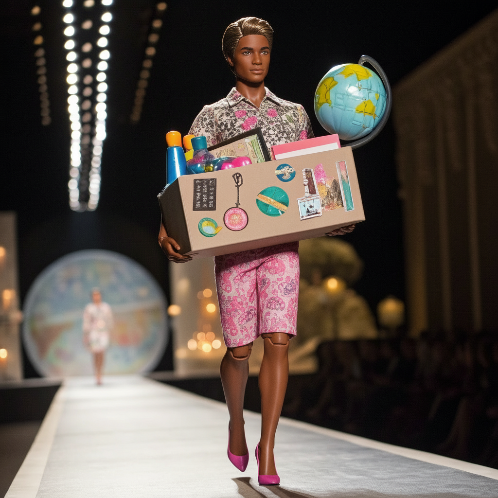 Männliche Barbie mit einer Kiste mit verschiedenen Dingen wie einem Globus.