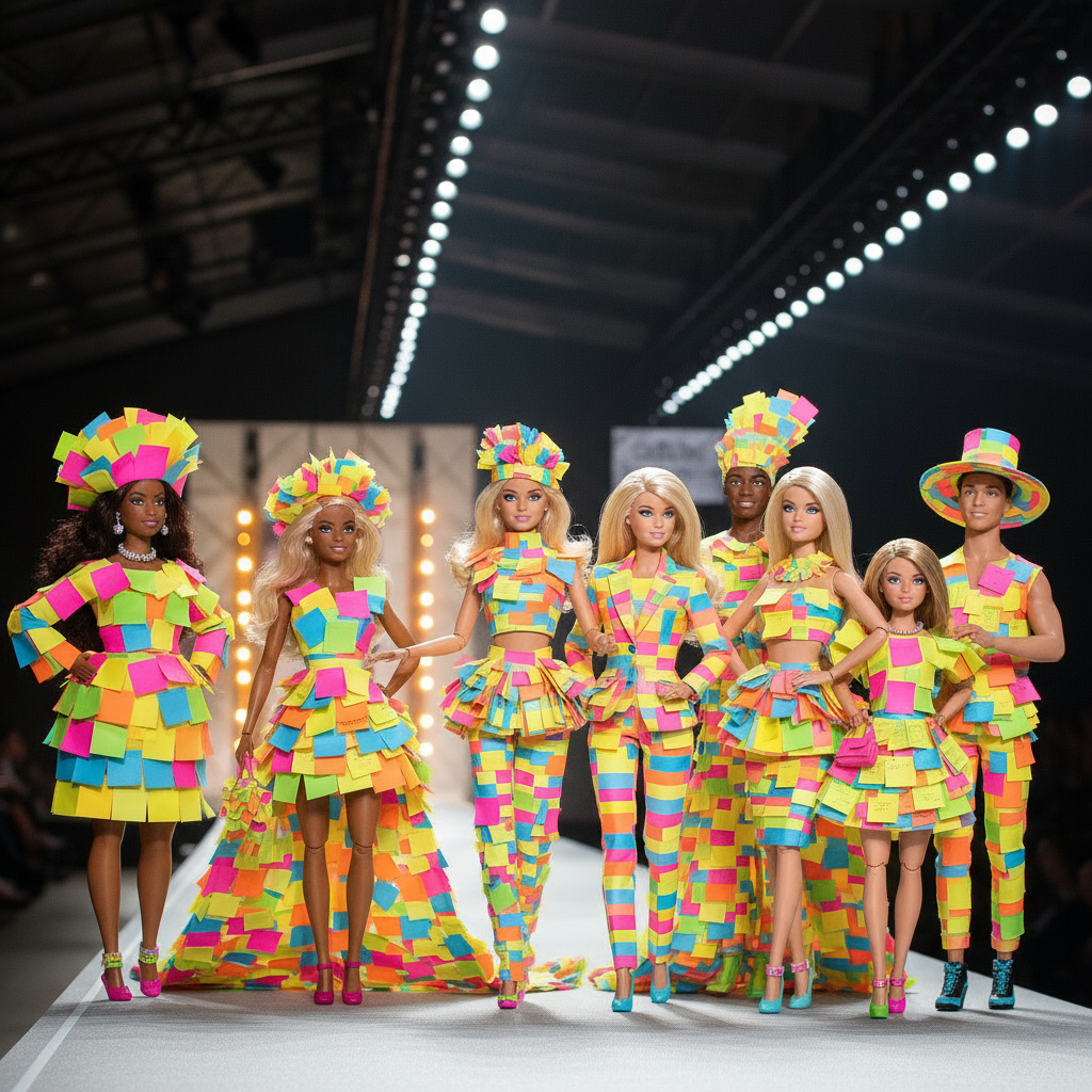 Diverse Barbies auf dem Laufsteg. Sie tragen Kleidung aus Haftnotizen.