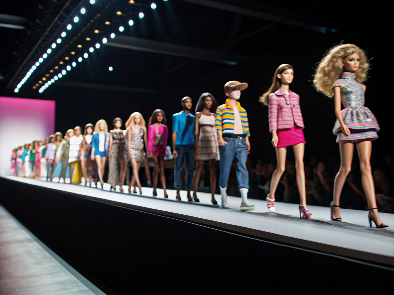 Diverse Barbie-Puppen auf dem Laufsteg.