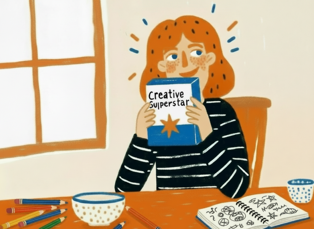 Eine Frau am Tisch, die eine Müsli-Packung mit der Aufschrift Creative Superstar in der Hand hält.